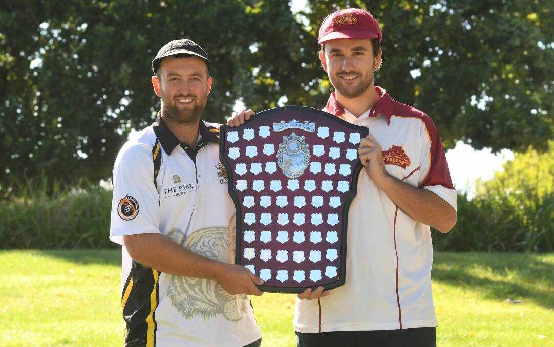 PRIZE ON THE LINE: Bryce Karslake (Leston) and Tarquin Walsh (Haddon) with the Grenville Cricket Association premiership shield. Picture: Lachlan Bence 