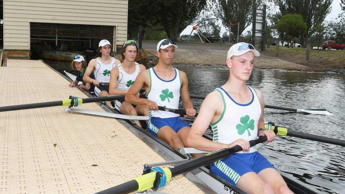 READY TO GO: St Patrick's College students Jackson Long, Matthew Harbour, Connor Shugg, Mason Coutts and Tom Barry get time on the water of Saturday's regatta.