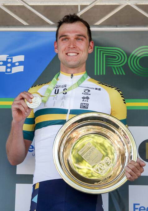 Michael Freiberg with the spolis of winning the FedUni Cycling Australia Road National Championships' road race at Buninyong. Pictures: Dylan Burns
