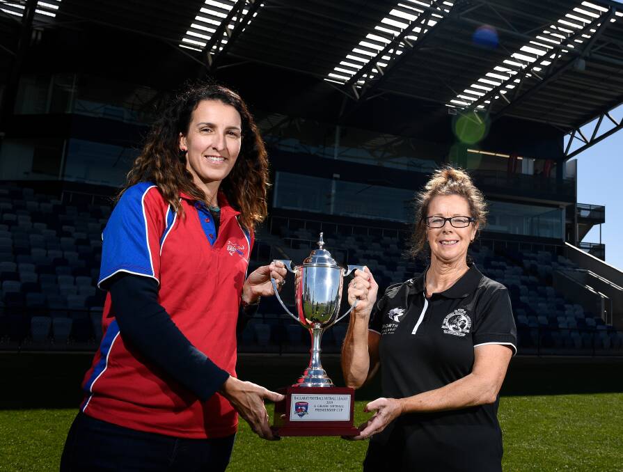BIG STAGE: East Point coach Jo Bayles and her North Ballarat City counterpart Annie McCartin with the A grade netball premiership cup up for grabs. Picture: Adam Trafford
