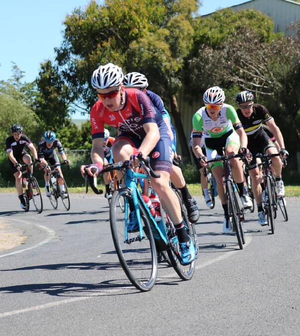 MAKING PACE: Liam White leads a bunch around one of the corners on the Misery 100 circuit. Picture: Ballarat Sebastopol Cycling Club
