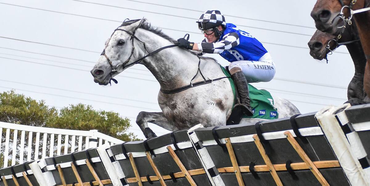 LEAP OF FAITH: Saunter Boy (Steve Pateman) on his way to victory in the Galleywood Hurdle at Warrnambool on wedneaday. Picture: Brett Holburt/Racing Photos.