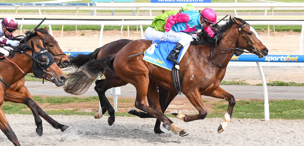 IN FRONT: Sebastian The Fox (Jarrod Fry) wins in Ballarat - the first leg of a double for Fry and trainer Shay Keating, and three all-up for Fry. Picture: Pat Scala/Racing Photos.