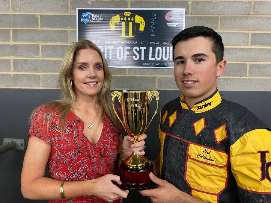 Belinda McCarthy and Jack Callaghan with the Ballarat Pacing Cup trophy.