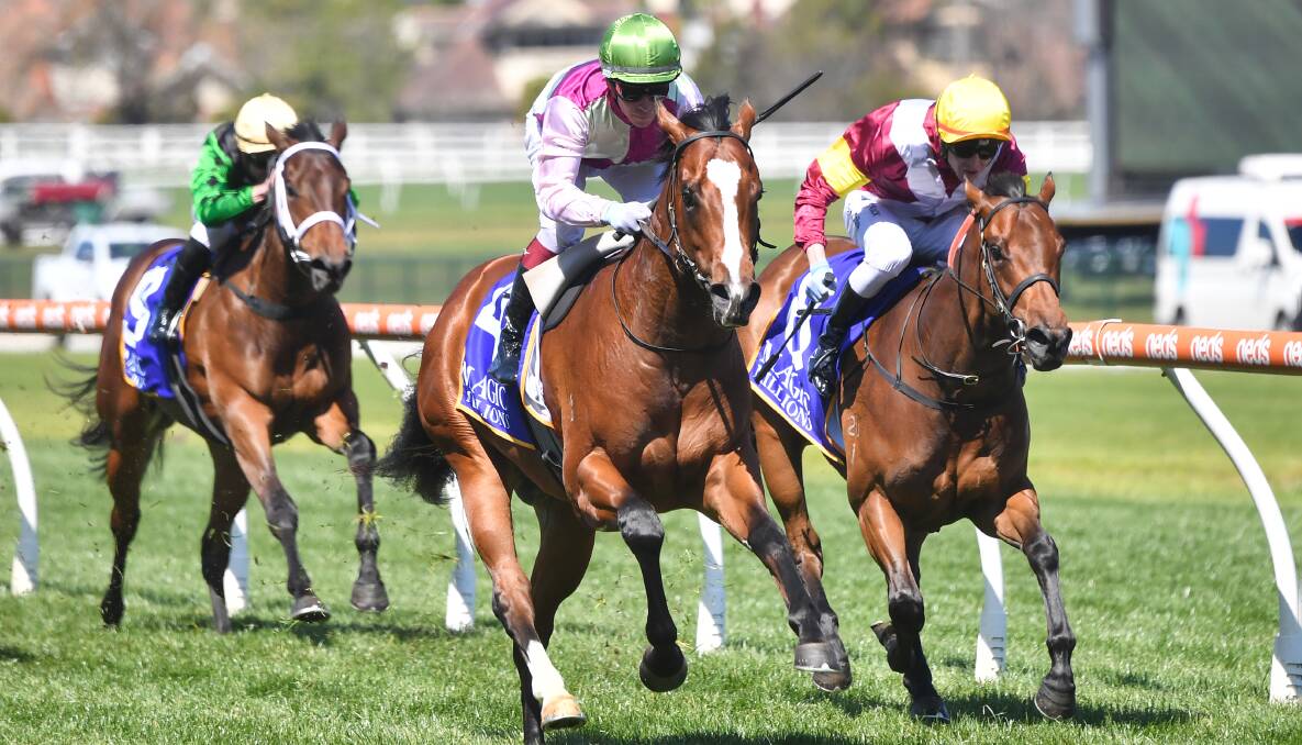 Arabian Summer (right), chases home Coleman in the Magic Millions Debutant Stakes at Caulfield on October 18. Picture by Pat Scala/Racing Photos.