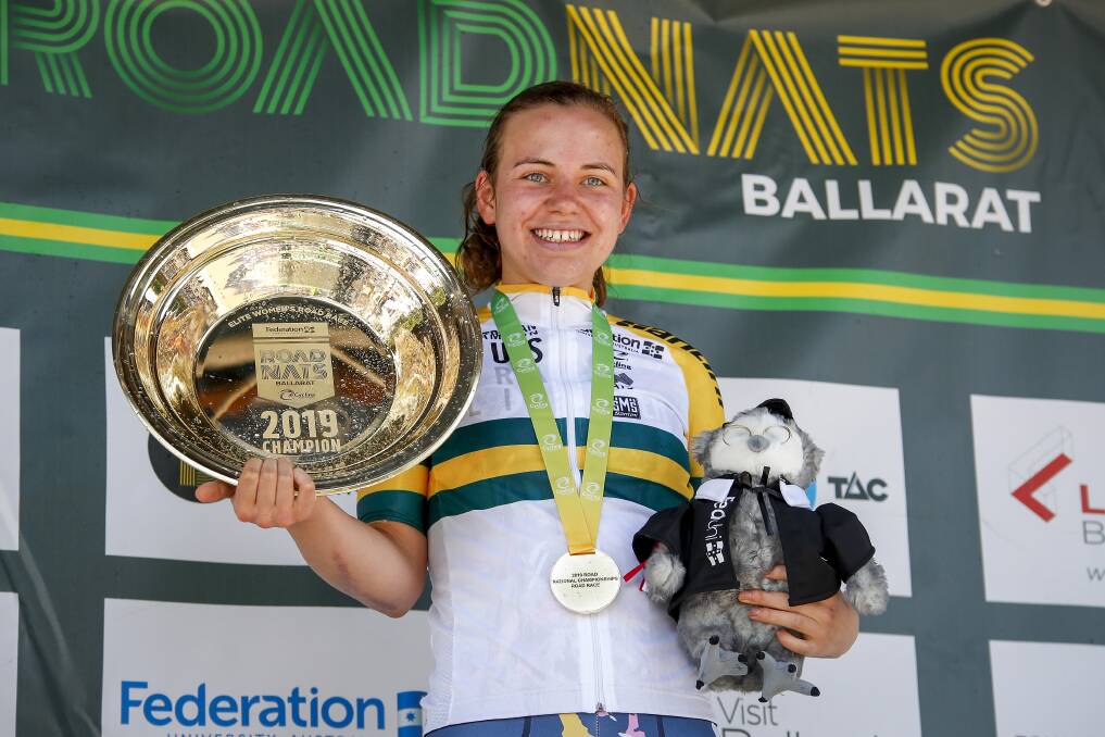 FIRST OF TWO: Sarah Gigante with the elite women's gold pan and gold medal at Buninyong on Sunday. Pictiure: Dylan Burns