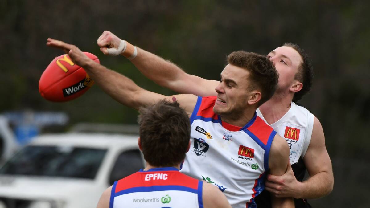Lucas Dahlenburg (East Point) works his way to the front of this marking contest against North Ballarat City at the Eastern Oval. Picture: Lachlan Bence