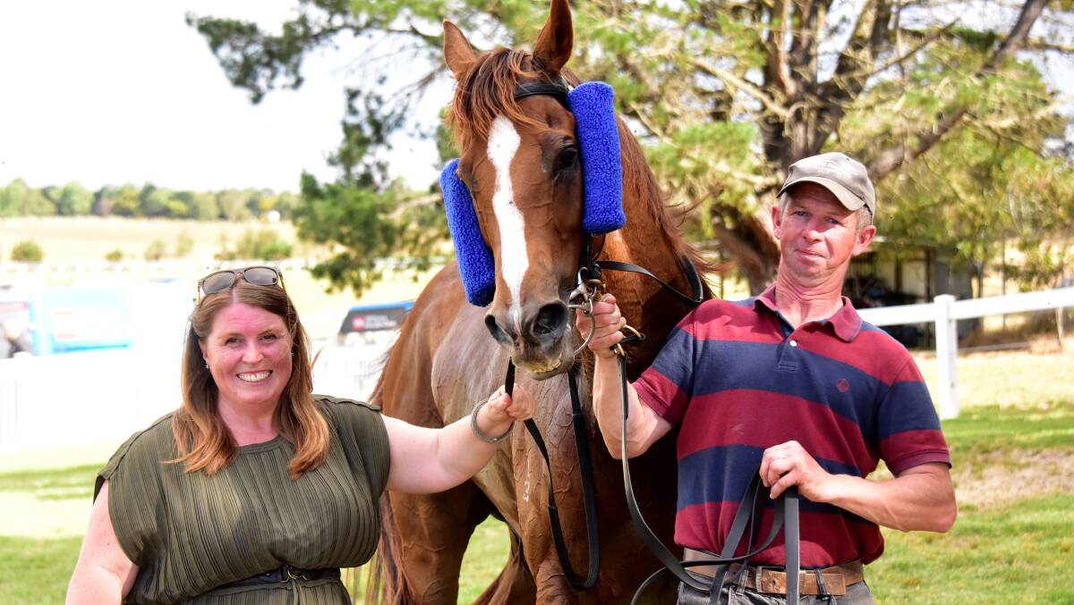 Monique and Thomas Carberry with Burrumbeet Cup winner Diplomac Jack. Picture: Brendan McCarthy, Racing Photos 