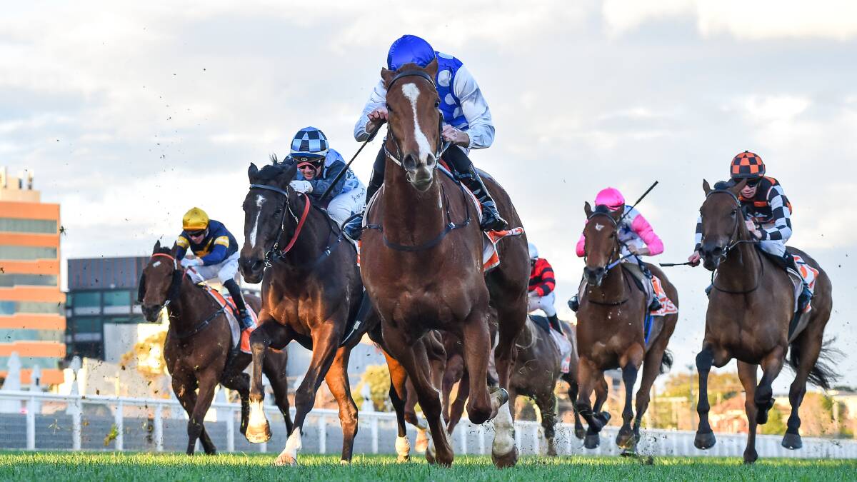OUT IN FRONT: Pintoff (Declan Bates) wins the listed Evergreen Turf Regal Roller Stakes at Caulfield. Picture: Reg Ryan/Racing Photos.