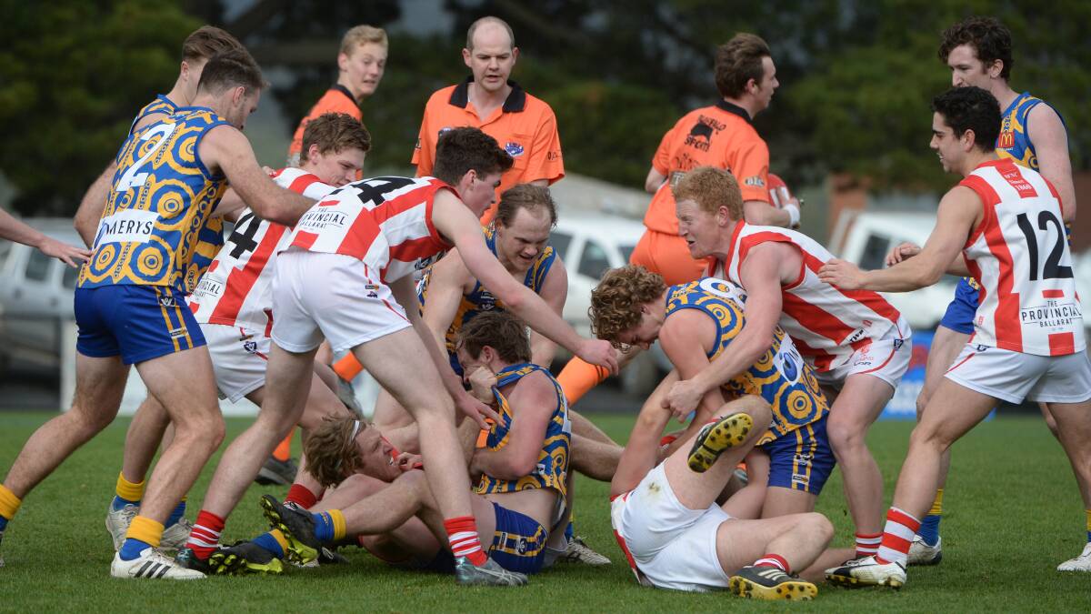 Things got a little heated late in the Ballarat and Sebastopol clash at Marty Busch Reserve. Picture: Kate Healy