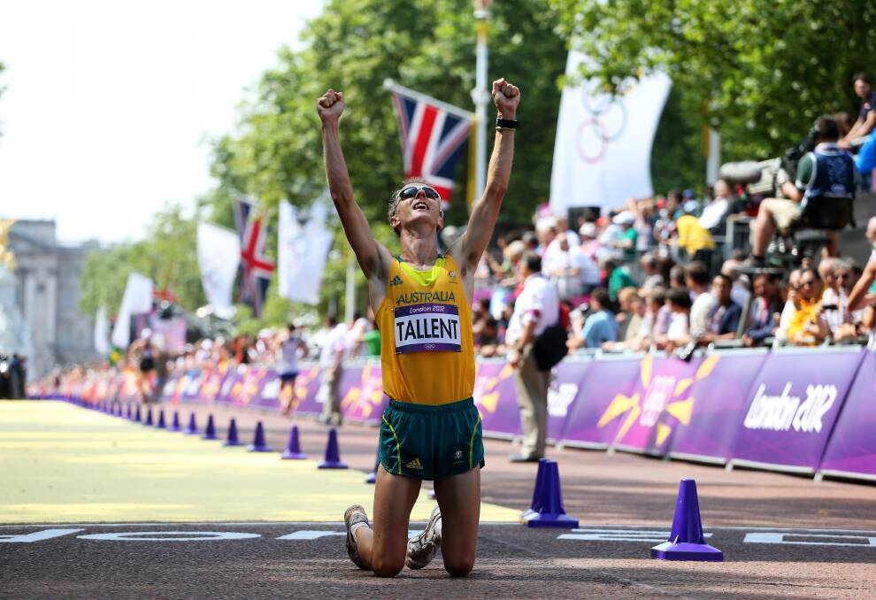 JOY: Jared Tallent across crossing the line at the London Olympics. Picture: Getty Images