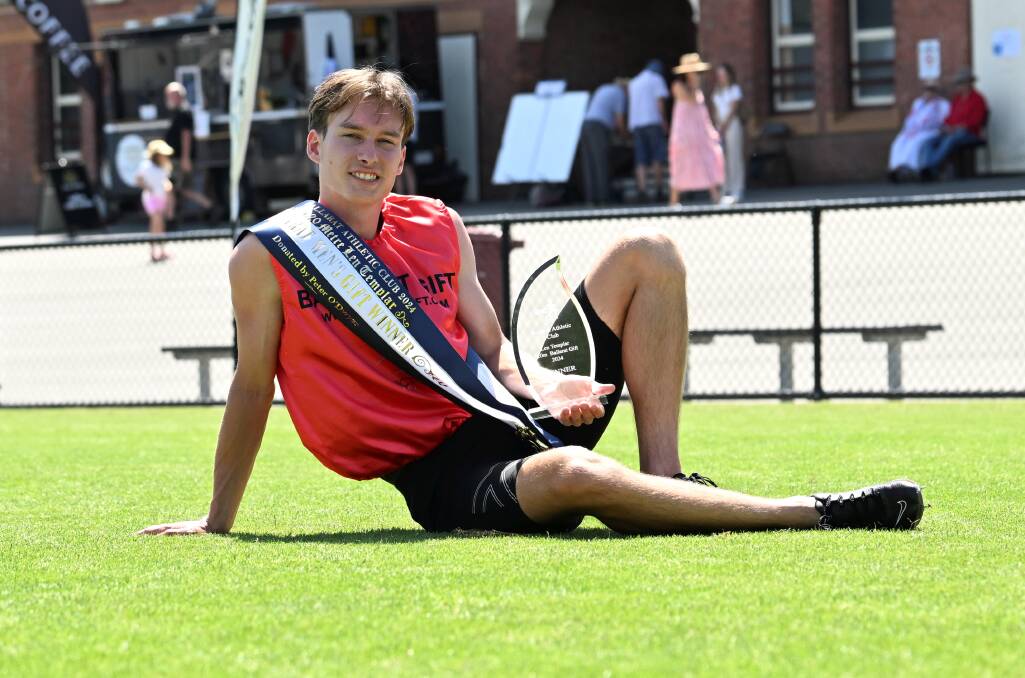 Cooper Sherman relaxes after donning the victory sash for Sunday's Ballarat Men's Gift. Picture by Lachlan Bence.