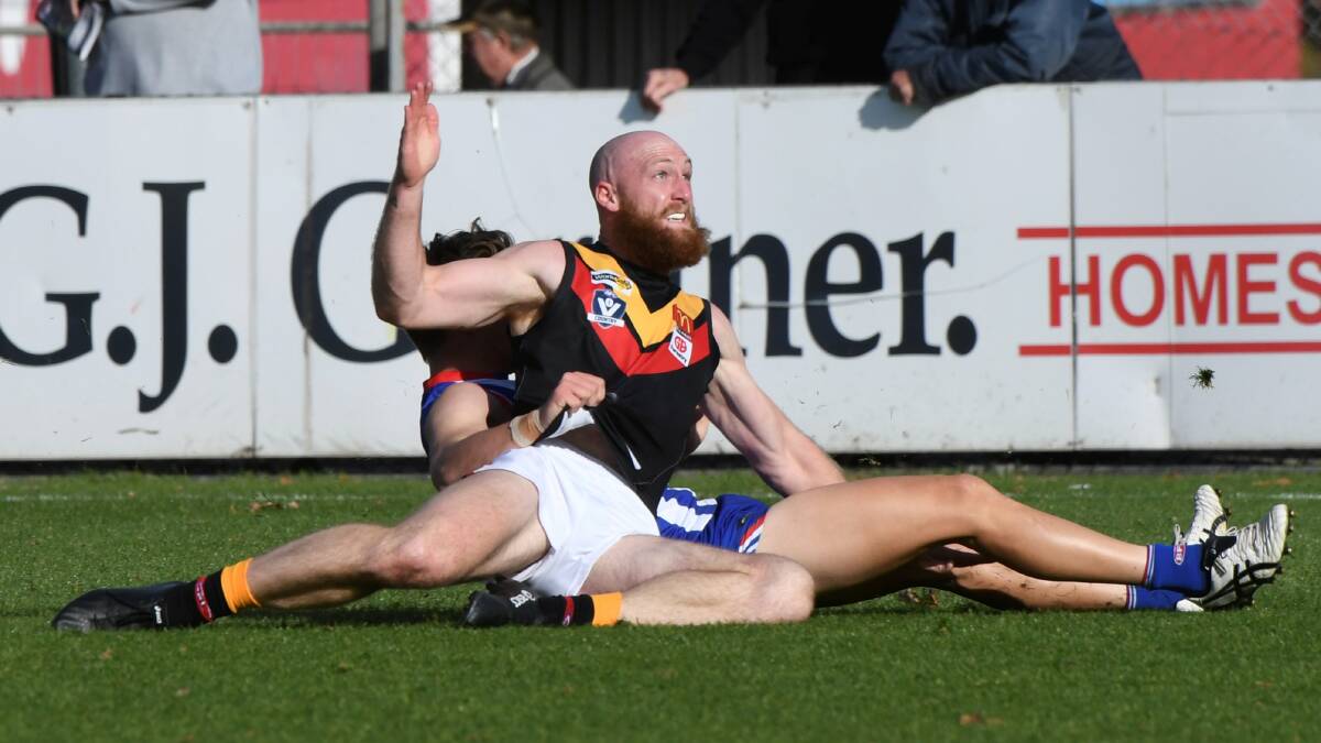Bacchus Marsh recruit Harrison King watches one of his three goals sail through. Picture: Lachlan Bence