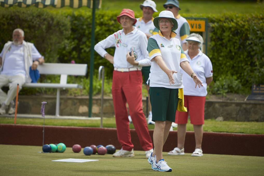 COME ON: Patti McGregor (Buninyong) urges her bowl to finish where she wants in what ended up as a loss to Daylesford in Ballarat District Bowls Division midweek division one pennant. Picture: Luka Kauzlaric