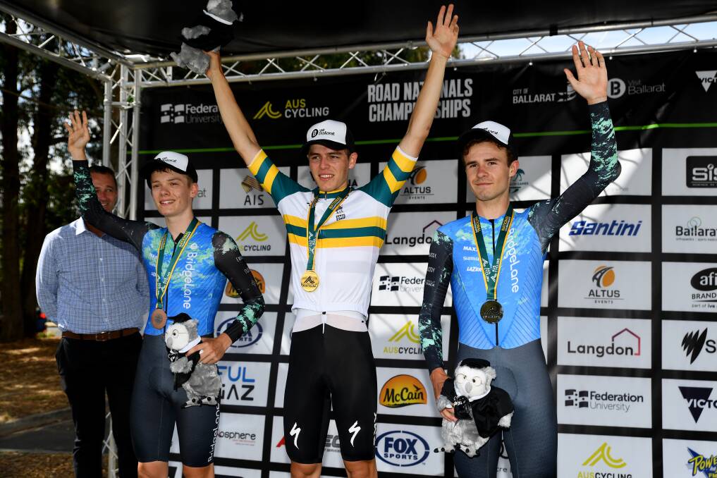 CELEBRATING: Men's under-23 time trial champion Carter Turnbull with Matt Dinham (NSW) Zac Marriage (SA) on the podium.. Picture; ausCycling/Con Chronis