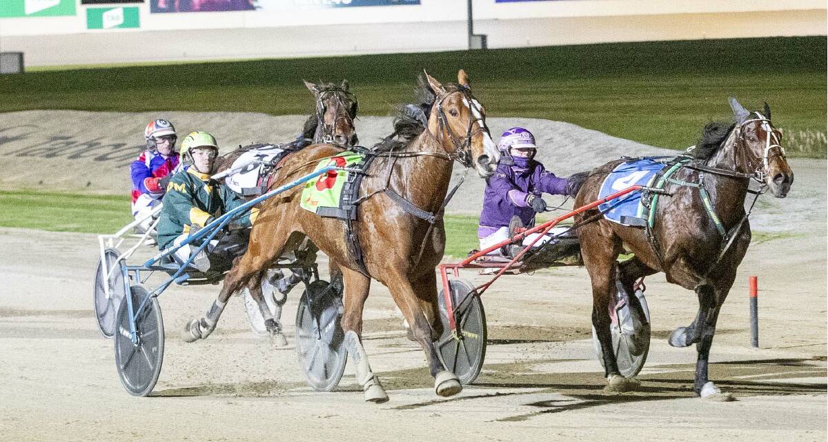 ON THE GO: Imsettogo (Darby McGuigan) works home hard down the outside to secure victory at Melton. Picture: Stuart McCormick.