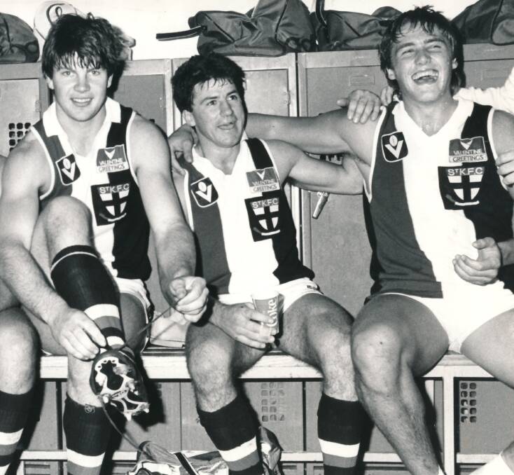 SAINTS COME MARCHING IN: Tony Lockett, right with two other Ballarat exports Danny Frawley and Peter Kiel after a St Kilda win in 1984.  