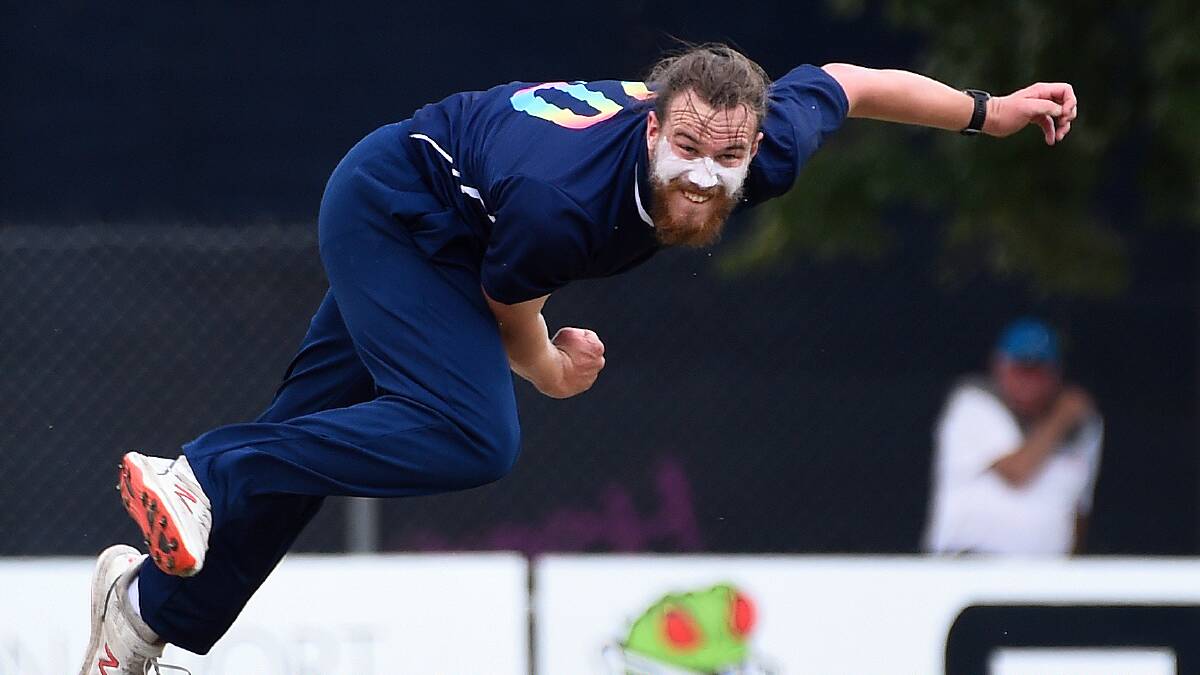 BCA speedster Ash McCarty lets a deliver fly against Geelong in a Melbourne Country Week clash with Geelong at the Eastern Oval in 2020. He is again in the Ballarat squad for country week.