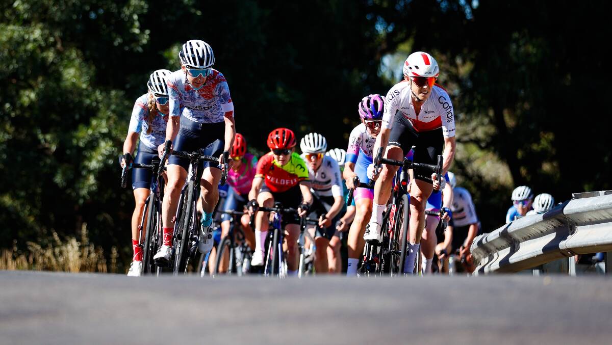 The elite and under-23 women climbing during Sunday's road race. Picture: Luke Hemer