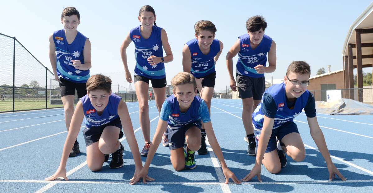 SET: Ben McCulloch, Isaiah Cross, Angie Selkirk, Tristan Leyshan, Vinchenzo Procaccino, Xavier Cross and Ryan Hovey primed for junior dash for cash at Ballarat Gift Carnival.  
