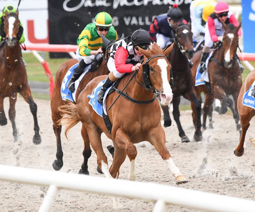 FIRST VICTORY: Madame Solario (Alana Kelly) gets home strongly for Ballarat trainer Nigel Blackiston in the Bartlett Blinds Maiden. Picture: Pat Scala/Racing Photos