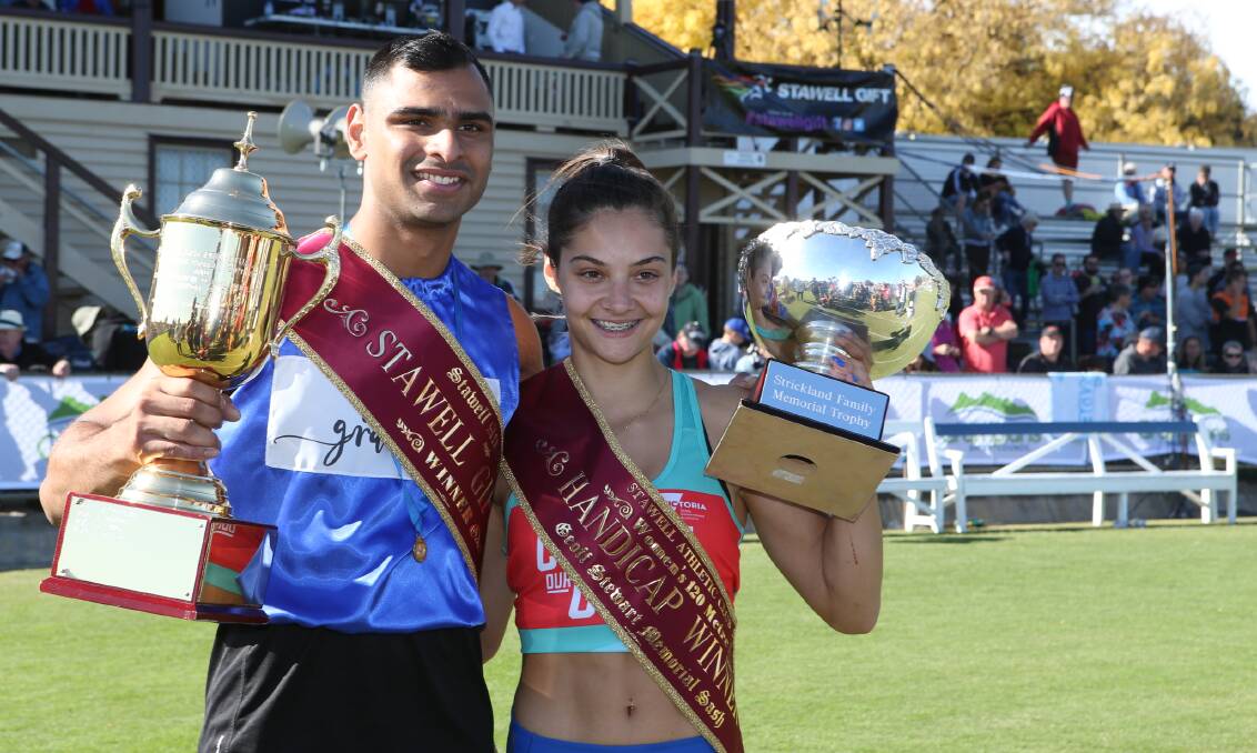 TRIUMPHANT: Dhruv Rodrigues Chico and Stawell Women's Gift winner Alexia Loizou. Picture: Peter Pickering