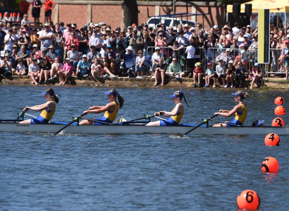 VICTORY: Loreto College crosses the line in the premier girls' event at head of the lake. Picture: Kate Healy 