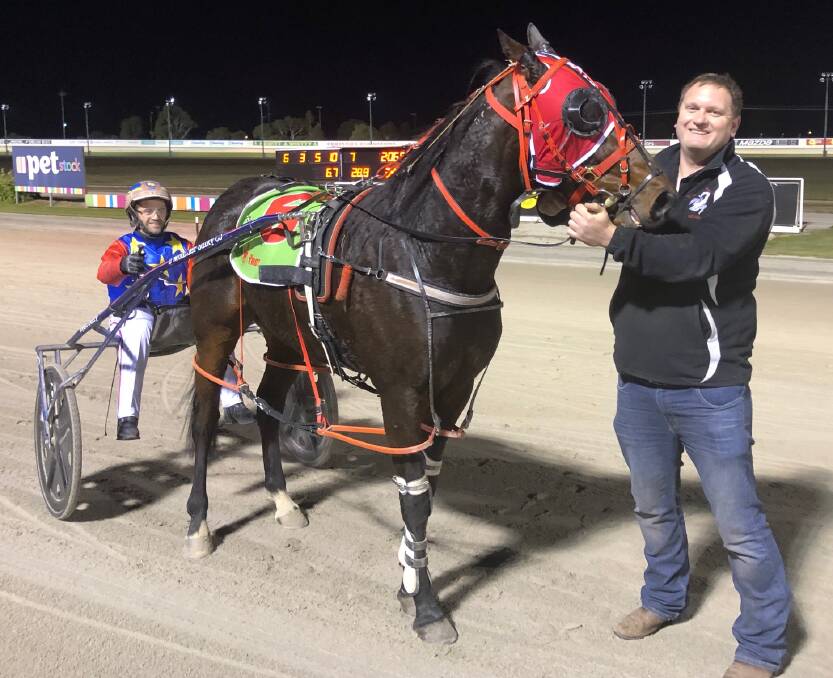 TWO FROM TWO: Allendale trainer Adam Stephens with new family favourite Wingate Guy (Ryan Duffy) in Ballarat on Friday night.