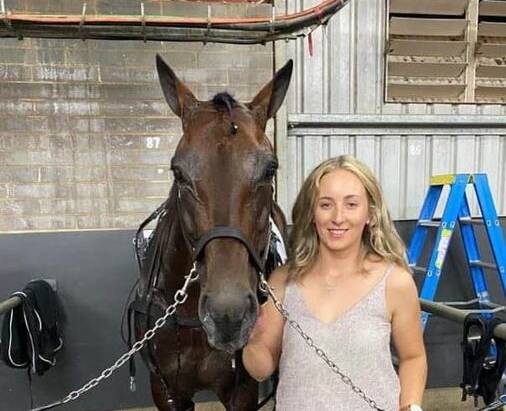 Brooke Wilkins with Somewhere Beach after his win in the Sokyola Sprint at Bray Raceway. Picture: Bianca Brehaut