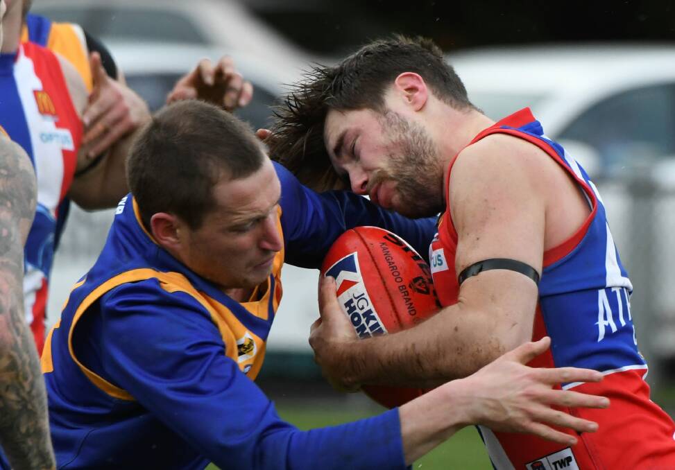 Lachie Cassidy initiates a tackle on Billy Jones which resulted in the East Point player being concussed.