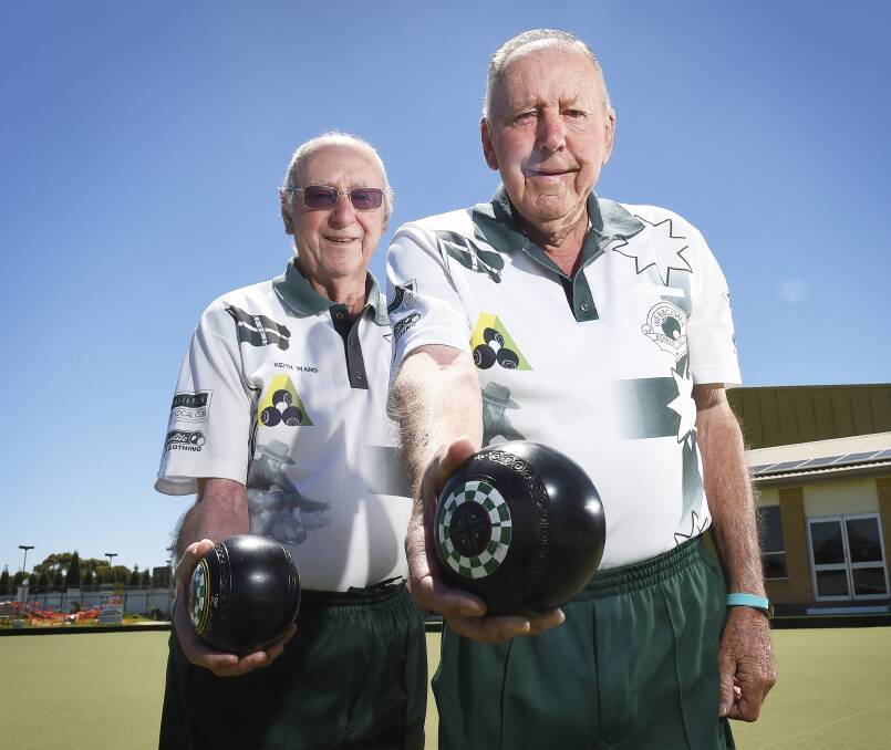 MILESTONES: Webbcona 800-game bowlers Keith Ward, left, and Jim Waight remain as keen as ever for the sport. Picture: Luka Kauzlaric 