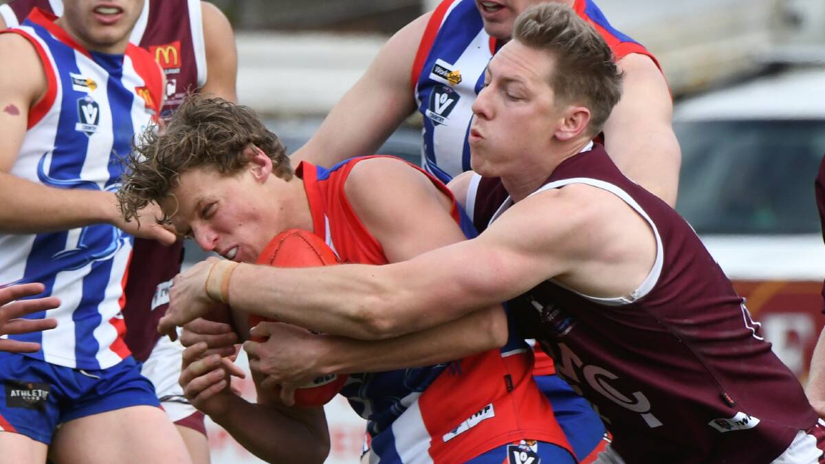 Two of the best players in the second semi-final, East Point's Jake McQueen and Melton's Dyson Stevens go head-to-head at the City Oval on Saturday. Picture: Lachloan Bence 