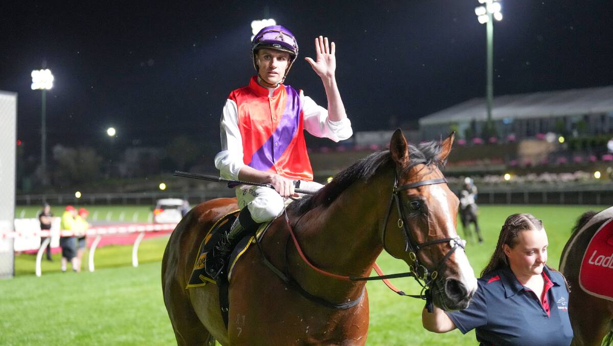 Ain'tnodeeldun (Billy Egan) returns to the mounting yard after winning the JRA Cup at Moonee Valley. Picture by Scott Barbour/Racing Photos.