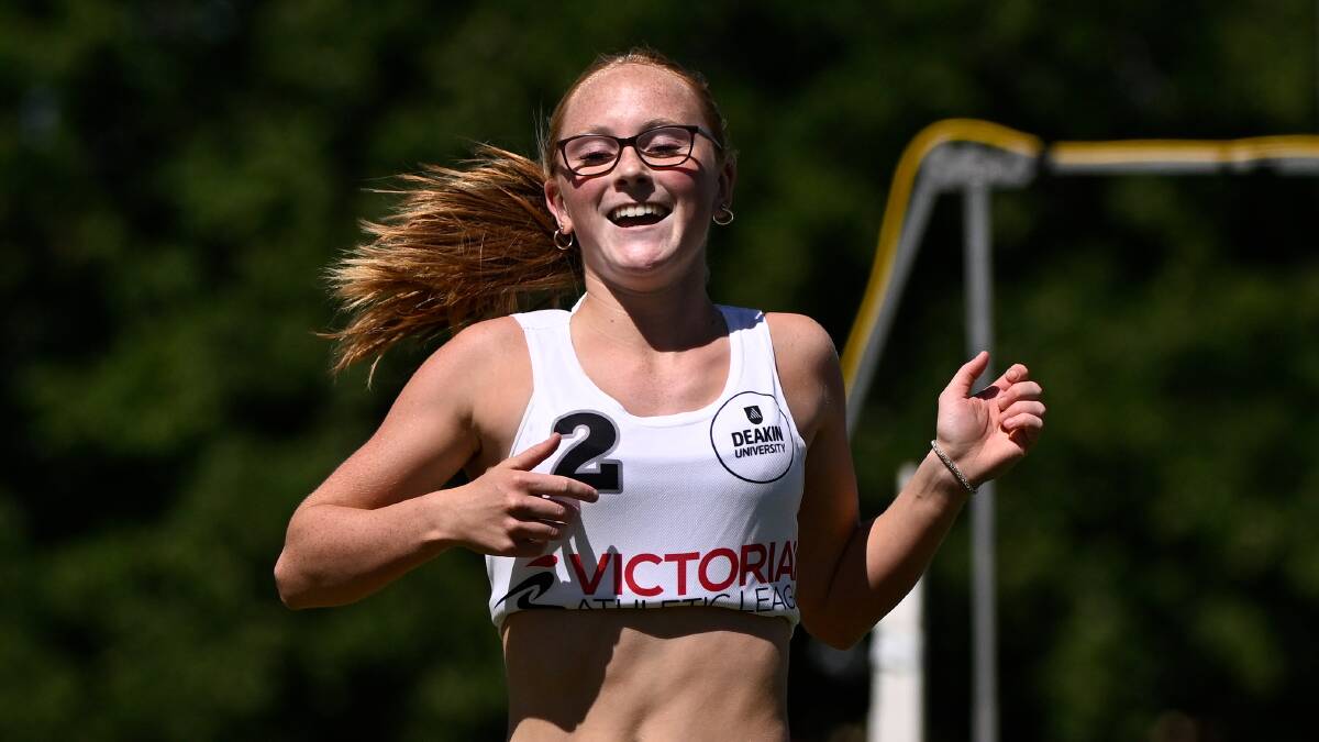 Emerging youngster Grace Crowe from Ross Creek ran away from her rivals to win her Ballarat Women's Gift heat at the City Oval on Saturday. Picture by Adam Trafford.