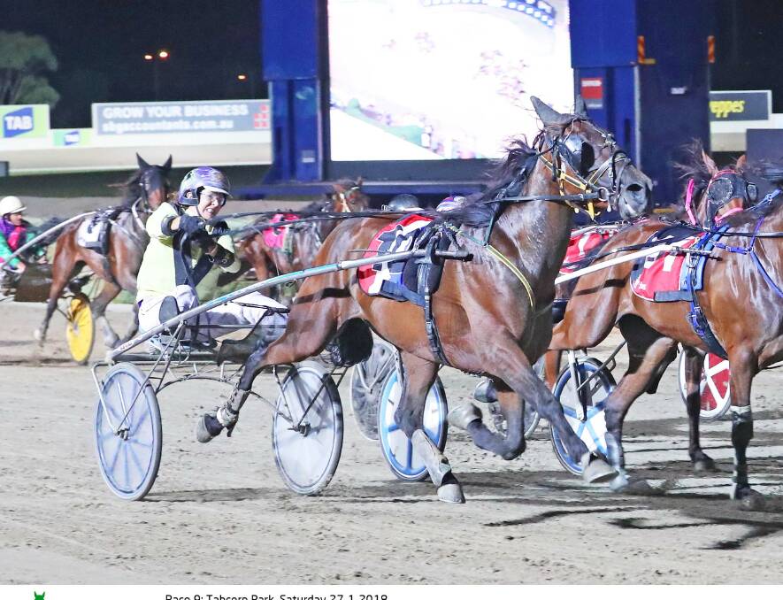 Anne-Maree Conroy throws everything at Margaret Ruth to her home in the group 2 Vicbred Platinum Trotting Mares Sprint Championship, Picture: HRV