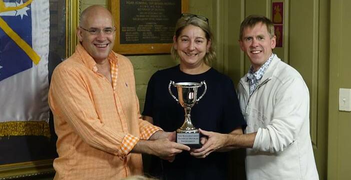 Ballarat Tennis Club president Anne Strange presents Joeys Cup to Andrew Rohan and Rod Unmack.