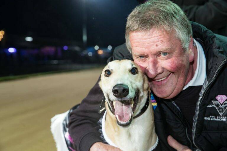 Cape Clear breeder-owner-trainer Gary Peach with Pink Diamond Shoure Course final winner Silver Brute. Pitcire: Greyhound Racing Victoria