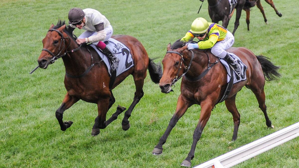 Khoekhoe (Fred Kersley), left, runs down River Night to claim The Showdown at Caulfield on Saturday. Picture: Getty Images