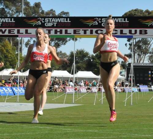 JUST: Holly Dobbyn, right, edges out Tayla Phillis by the tightest of margins in a Stawell Women's Gift heat. Pictures: Peter Pickering, Cassandra Langley