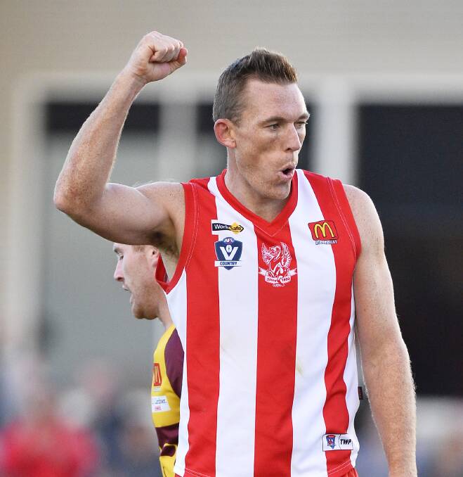 YES: Drew Petrie gives his trademark goal celebration for Ballarat in a guest appearance in 2018.