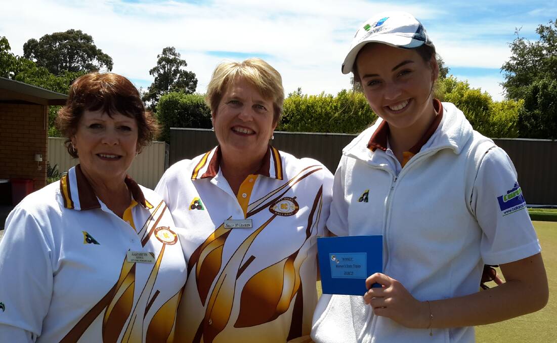 IN CONTENTION: City Oval's victorious BDBD state triples side Elizabeth Kierce, Sally McCracken and Sophie Kurzman. 