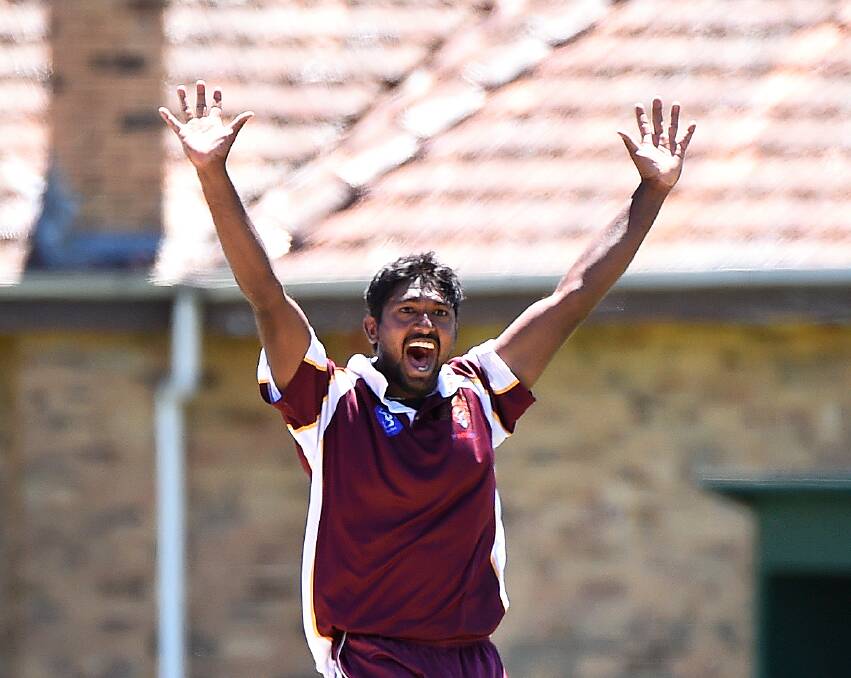 ONE, TWO, THREE: Prabath Priyankara celebrates a hattrick for Brown Hill against North Ballarat at the Western Oval on Saturday. Picture: Adam Trafford