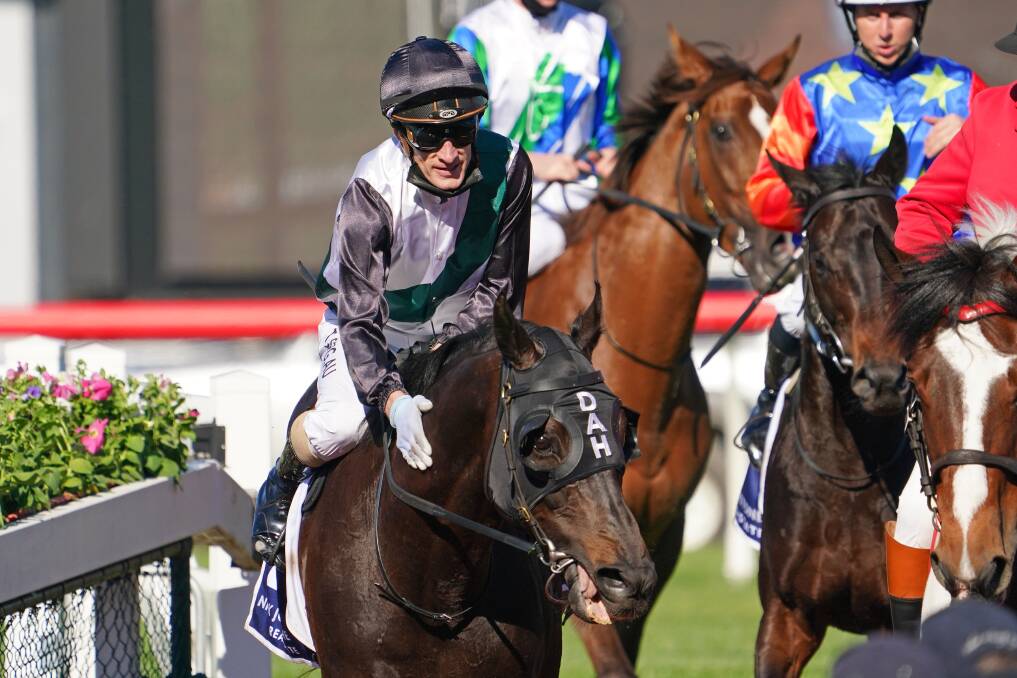 WELL DONE: Jockey Mark Zahra gives So Si Bon a big pat as they return to scale after winning the Eclipse Stakes at Sandown on Saturday. Picture: Racing Photos