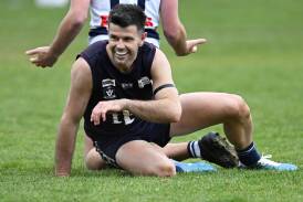 Trent Cotchin enjoys a moment during his four-goal display for Ballan against Newlyn in the CHFL at Ballan on Saturday. Picture by Lachlan Bence,