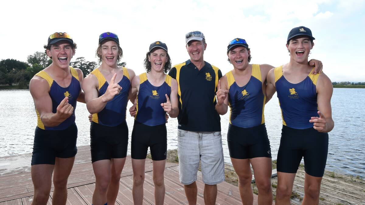 Ballarat Grammar School's boys' division one coxed four, pictured after its Head of the Lake win, have gone on to take out the state title at Nagambie