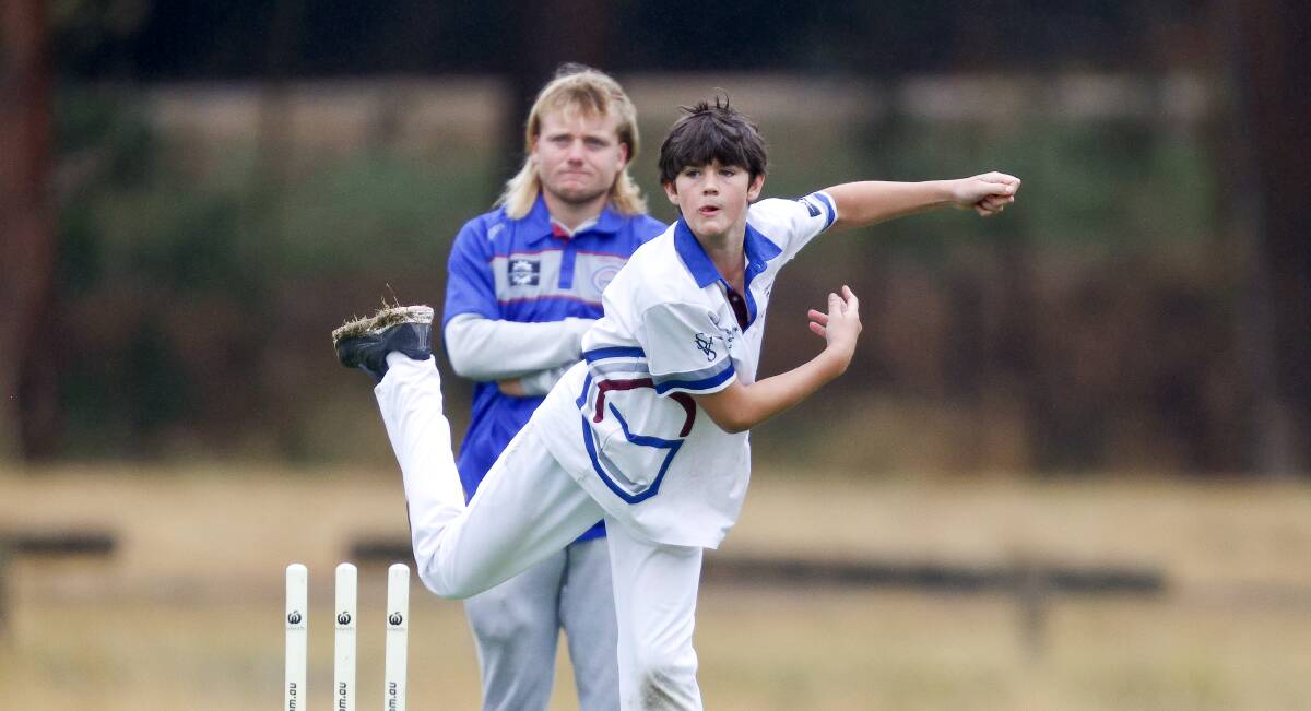 IN FULL SWING: Thomas Hinkley provided one of the day's highlights for Grenville by taking 2-26 in a loss to Castlemaine in a Central Highlands junior country week under-13 clash at Linton on Wednesday. Picture: Luke Hemer.