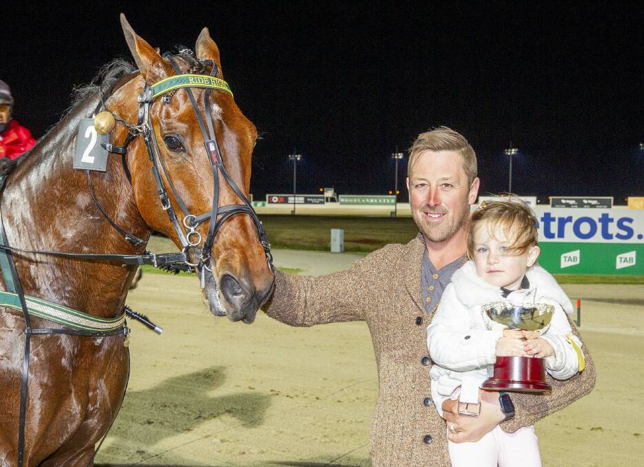Clayton Tonkin with daughter Willow and 4yo and 5yo Championship winner Ride High. Picture: Stuart McCormick, HRV