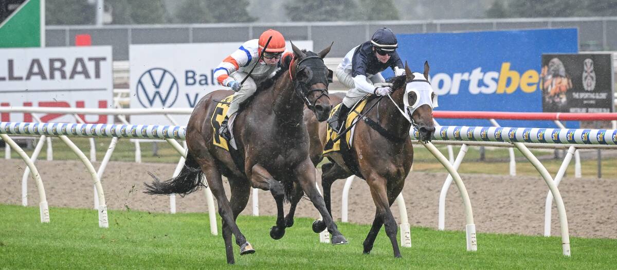 Sunset Dreaming (Harry Coffey) moves up on the outside on the way to winning the Portable Buildings By Design VOBIS Gold Eureka Stockade. Picture by Reg Ryan/Racing Photos.