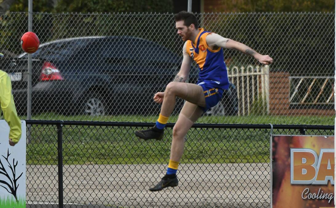 Sebastopol forward Michael powell had plenty of spring in his step as he bagged seven goals against Lake Wendouree. Picture: Lachlan Bence