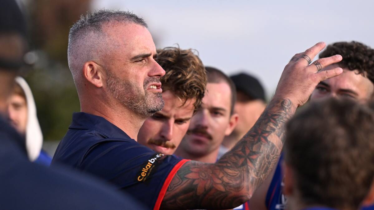 Hepburn joint coach Shane Fisher makes a point to the Burras during their heavy loss to Bungaree at Bungaree on Saturday. Picture by Adam Trafford.